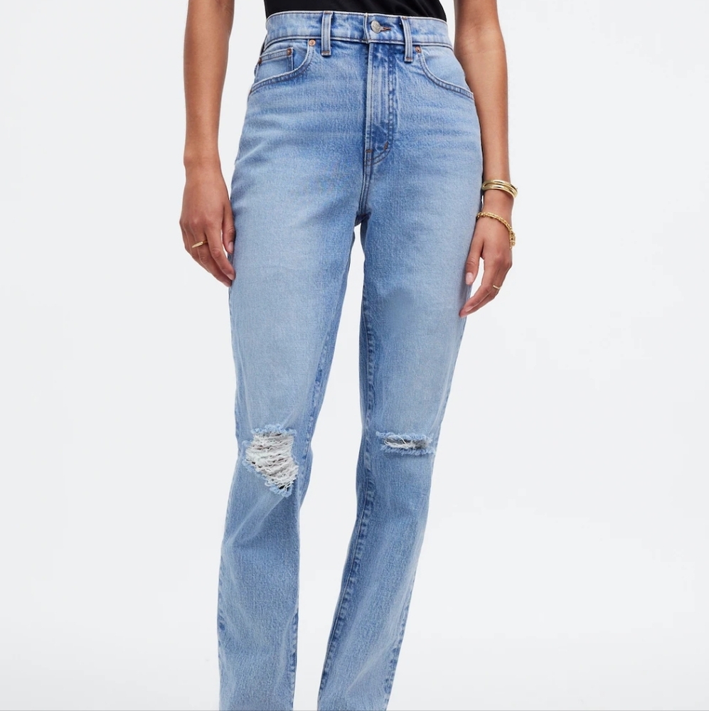 Madewell Light Blue High-Rise Straight Jeans with Knee Rips